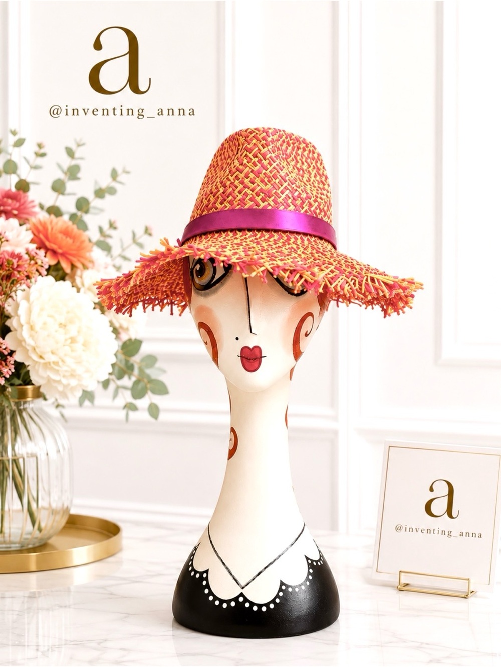 KURT GEIGER Orange/Pink Wide-Brimmed Hat w/Pink Satin Ribbon and Eagle Head